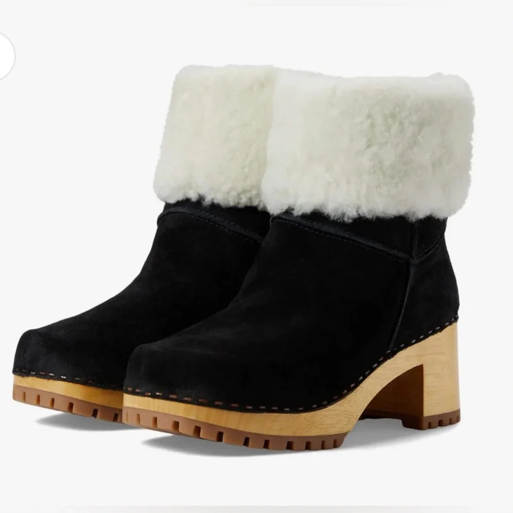 MIA Jildie Wooden Sheep Fur Clogs Sz 8 Black